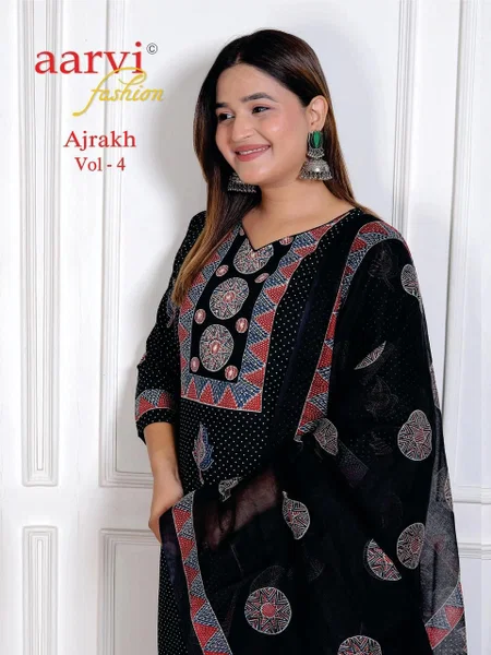 Ajrakh Vol 4 By Aarvi Pure Cotton Kurti With Bottom Dupatta Exporters In India
